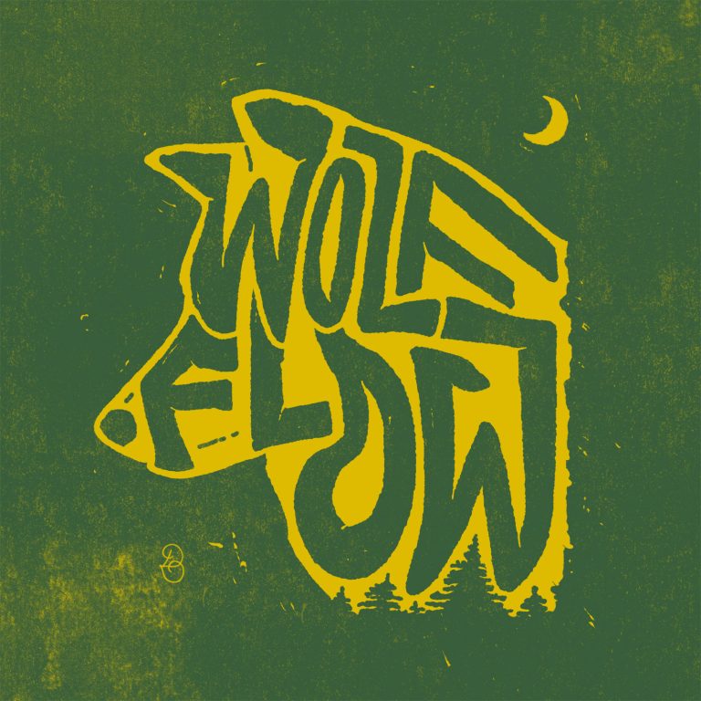 Wolf Flow Handlettering mit zunehmendem Mond rechts oben und Tannenbäumen unten. Der Wolf ist Gelb, der Hintergrund Dunkelgrün. Die Schrift im Wolf ist negativ ausgeschnitten und somit in der selben Farbe wie der Hintergrund.